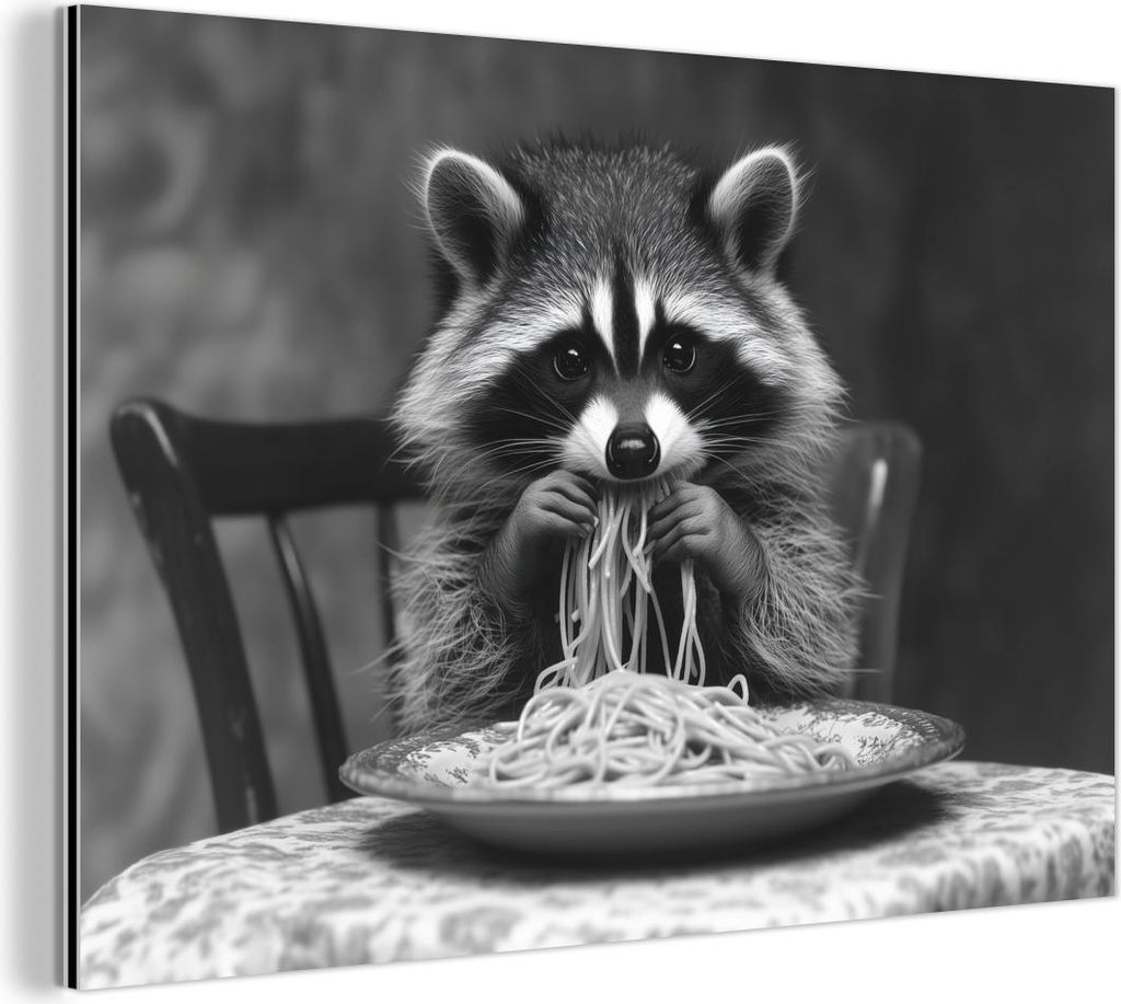 MuchoWow Wanddekoration Metall Metallbild Wandkunst 120x80 cm Waschbär - Niedlich - Pasta - Tischtuch - Schwarz - Weiß MuchoWow Aluminium Gemäld...