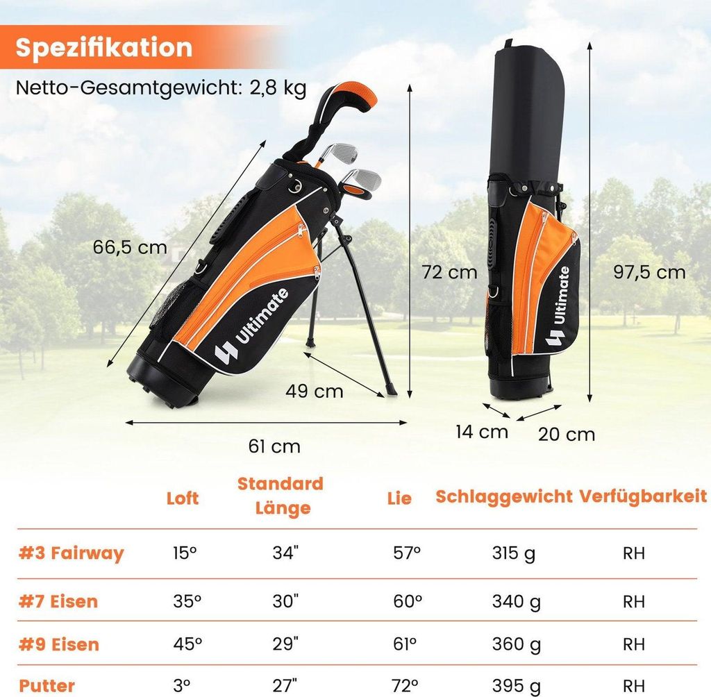 Kinder-Golfschlägerset, Rechtshänder, Alter 8-10, Orange