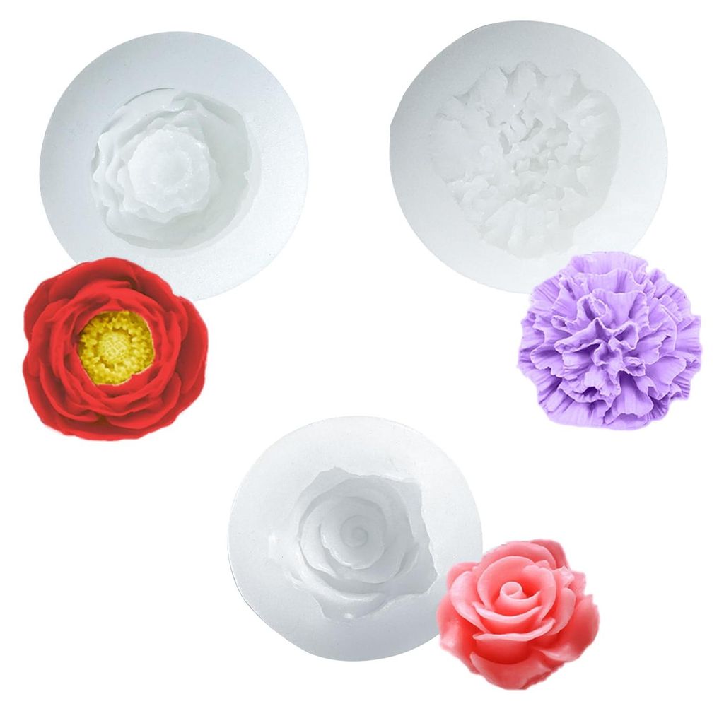 3-teiliges Silikonformen-Set: Blumen, Kerzenformen, Silikonrosen, Nelken, Pfingstrosen, 3D-Silikonform, große Blumenform für Schokolade, handgema...