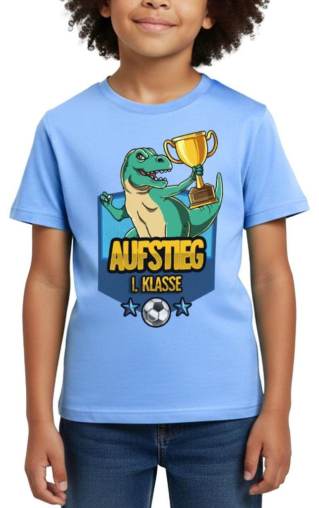 Spreadshirt Aufstieg 1. Klasse Schulanfang Fußball Löwe Kinder T-Shirt, 122/128 (7-8 Jahre), Himmelblau