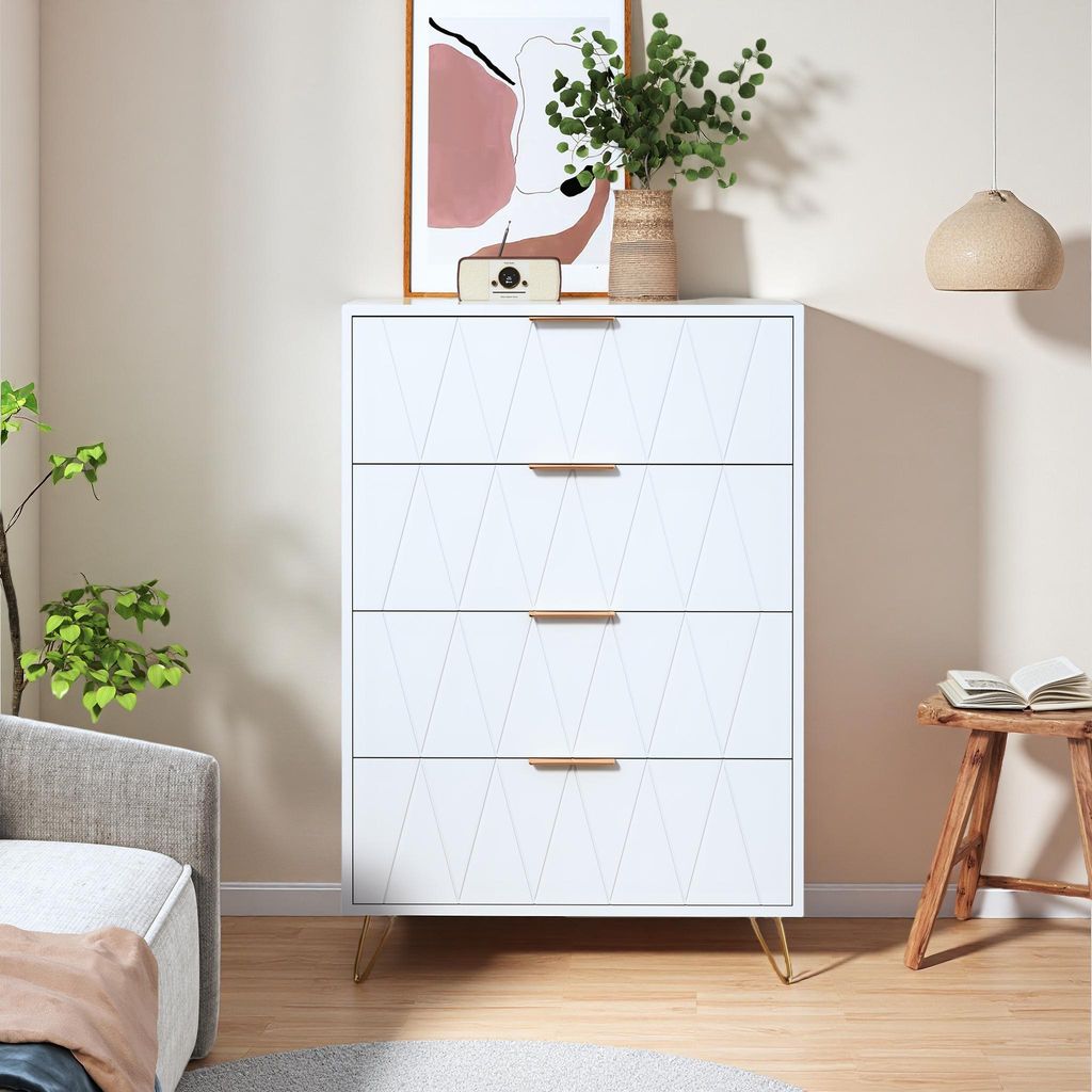 Weiße Kommode mit 4 Schubladen, Fronten mit geprägtem Rautenmuster, Melaminplatten, großem Stauraum und robuster Konstruktion