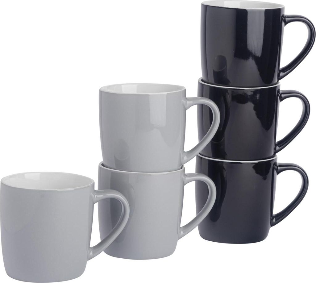 Argon Ta Farbige Kaffeetassen – 350 ml – Schwarz/Grau – 6er-Pack – Robuste Teetasse aus Steingut, spülmaschinen- und mikrowellengeeignet