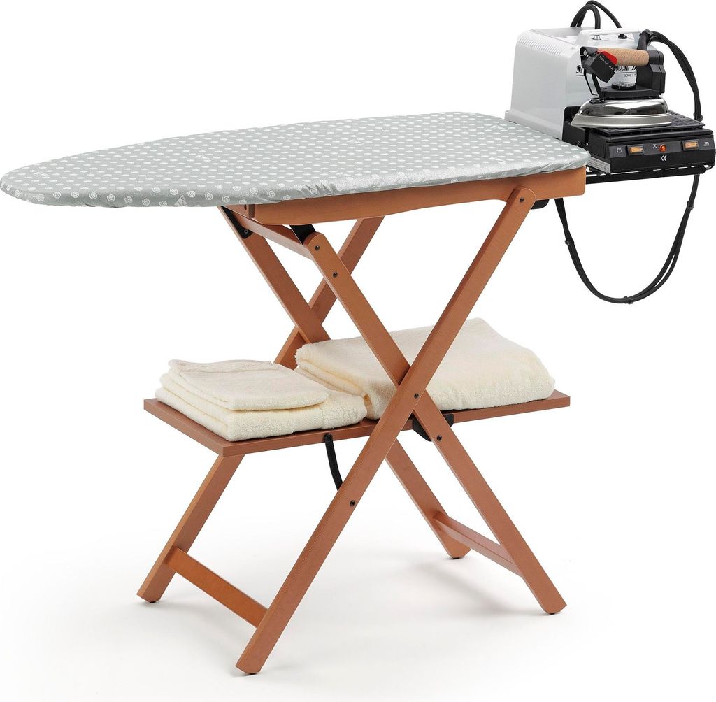 An ironing board with an iron and steam generator attached, set against a white background. There are folded towels on a shelf below the ironing board.