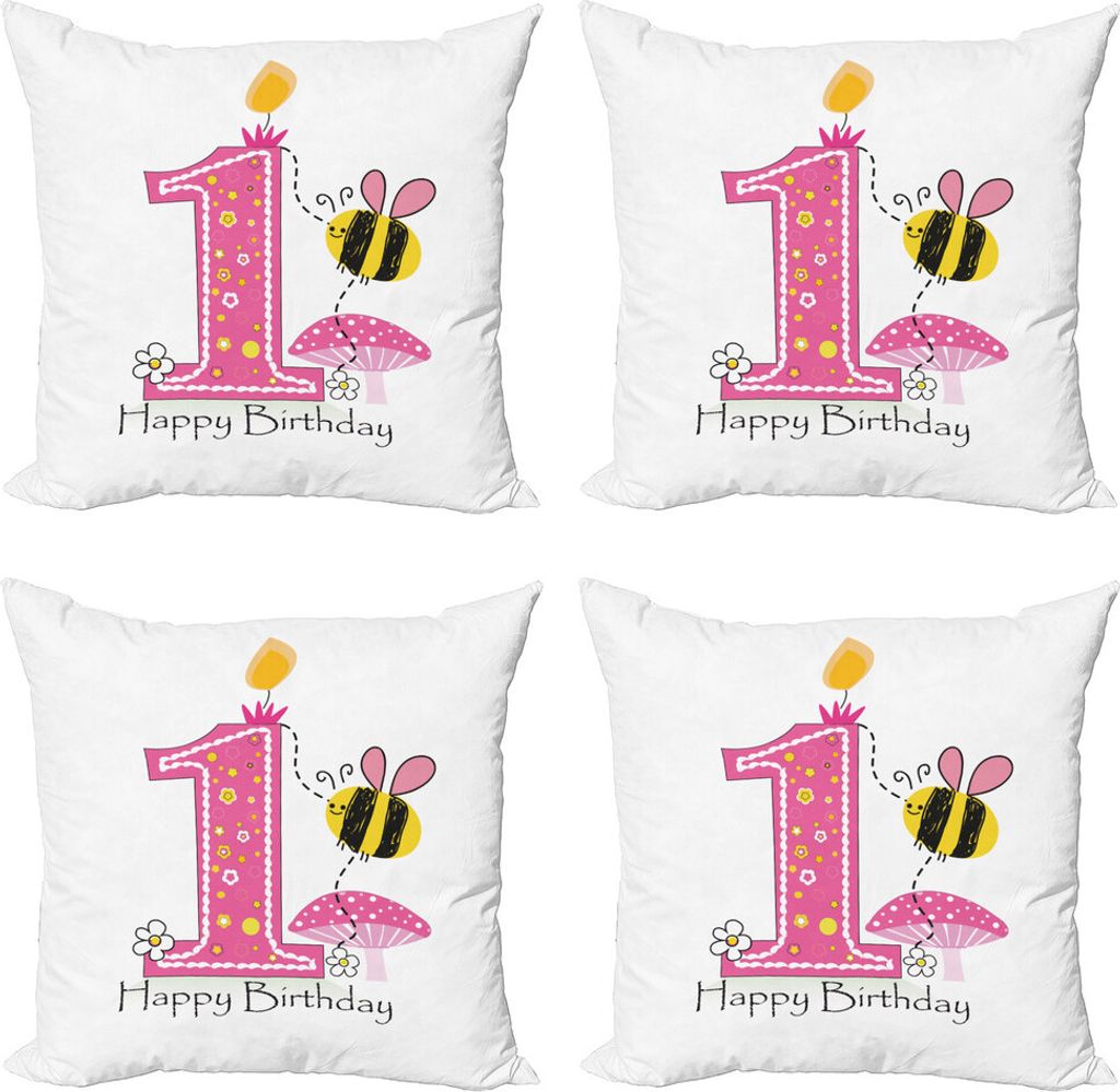 ABAKUHAUS 1. Geburtstag Kissenbezug Set (4 Stück), Bienen-Party-Kuchen-Kerze, Moderner Doppelseitiger Digitaldruck, 40 cm x 40 cm, Rosa-Schwarz un...