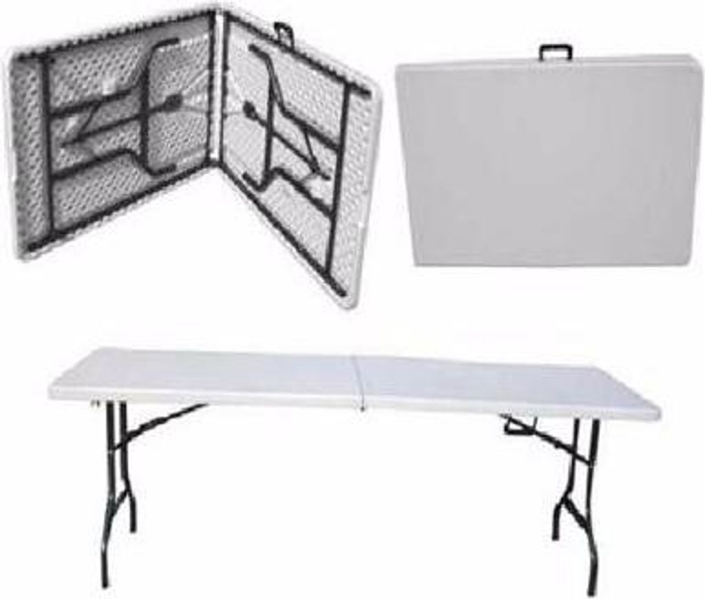 A collage of images showing a folding table in different states: folded and unfolded, and a closed folded table.