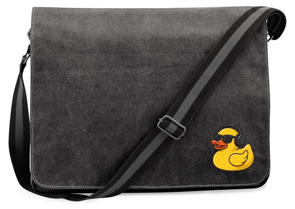 Huuraa Umhängetasche Quietscheente DJ Gummiente Club-DJ 14 Liter Black Canvas Laptoptasche Geschenkidee