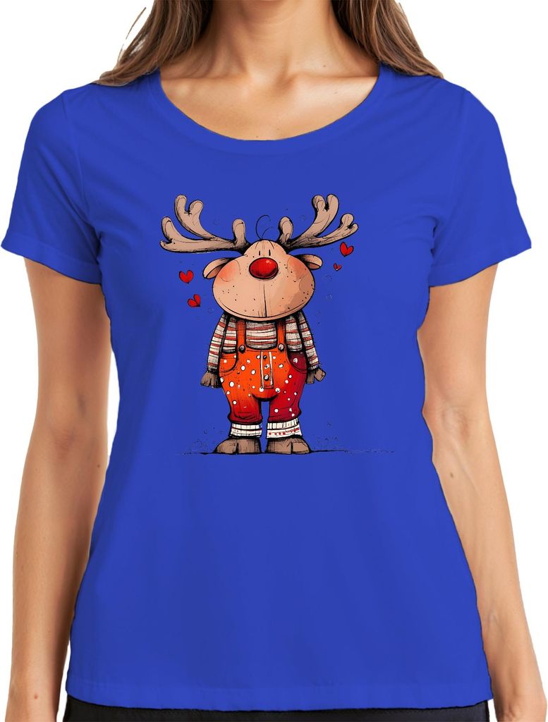 Rudolf Rentier Weihnachten Latzhose Herzen Niedlich Retro Damen T-Shirt, Blau, XXL