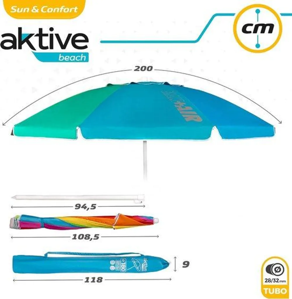 Parasol de plage 200 cm résistant au vent avec mât flexible et sac