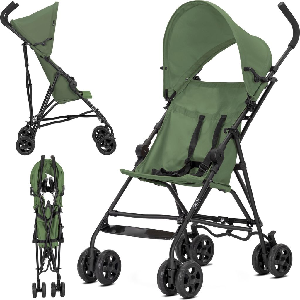 A green and black Lorelli Vaya travel stroller is shown from multiple angles against a white background.