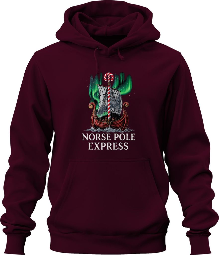Norse Pole Express Weihnachtsgeschenk Wikinger Nordlicht lustig Uni Hoodie Kapuzenpullover, Burgundy, M