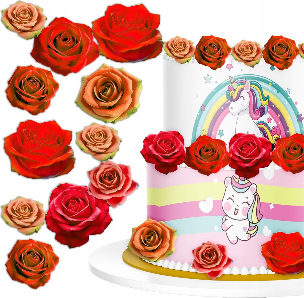 Rote und orange Waffelblumen Rosen Kuchen DECOR - 32 Stück Produktbild 