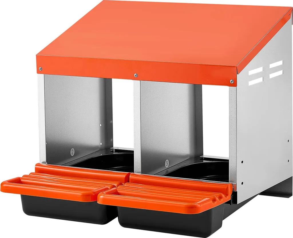 SucceBuy nido per galline ovaiole 535x525x475 mm, 2 scomparti, nido per galline in metallo con vassoio per la raccolta delle uova e fori di ventilazione, nidi per pollame, nido a rotelle, adatto per galline, anatre, polli e altro pollame, arancione