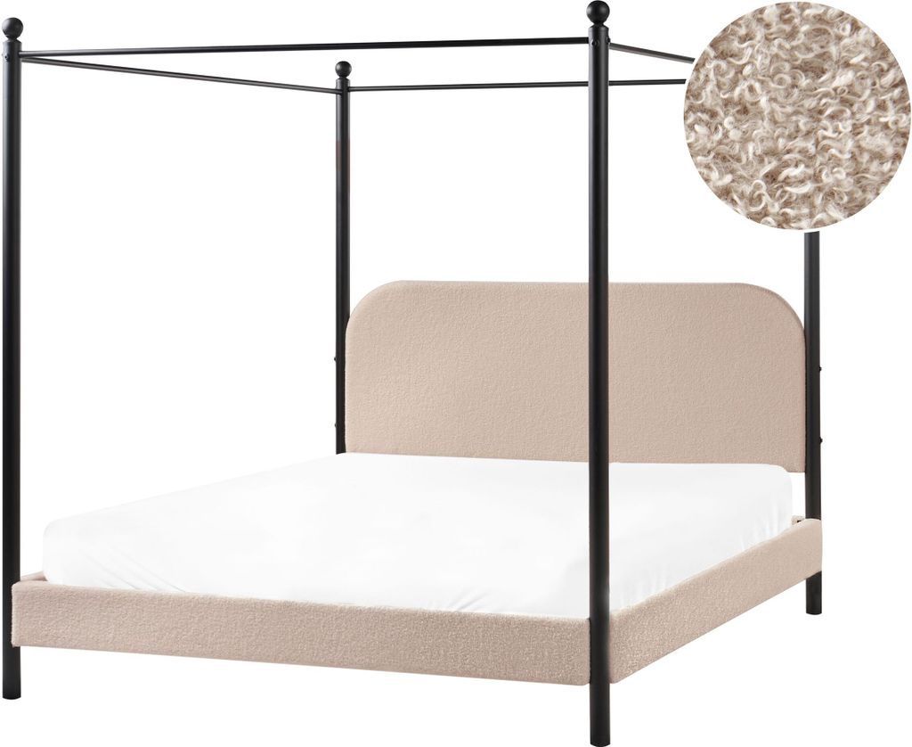 BELIANI Himmelbett Taupe Bouclé-Stoffbezug u. Metall mit Lattenrost 160x200 cm Hohes Kopfteil Modernes Design Doppelbett mit Baldachin Himmel