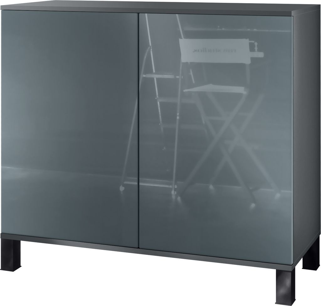 Vladon Kommode Skadu V3, Moderner Küchenschrank mit 2 großen Türen Anthrazit matt / Grau Hochglanz (92,5 x 84.5 x 35)