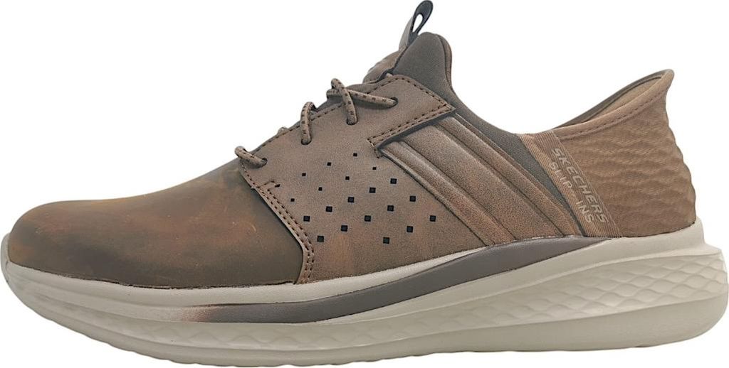 A side profile of a brown SKECHERS SLIP-INS SLADE - ZACHARY shoe against a white background.
