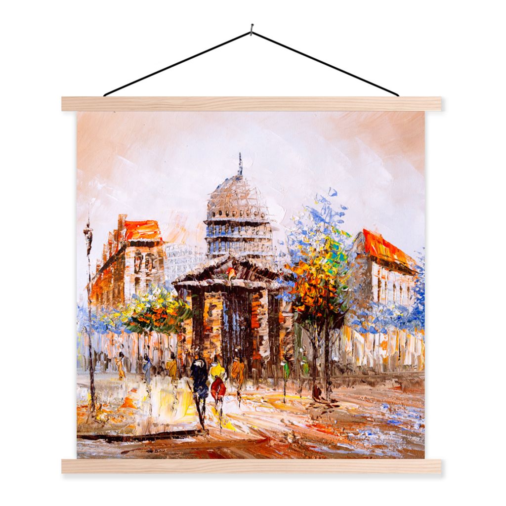 MuchoWow Textilposter Gemälde - Stadt - Öl 40x40 cm mit holzfarbenen Rahmen - Posterleiste