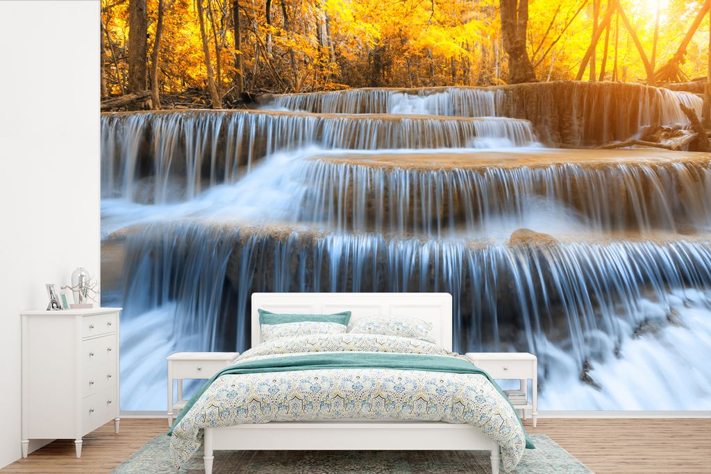 MuchoWow Fototapete für Wohnzimmer oder Schlafzimmer Wandtapete Vinyl Motivtapete Wasserfall - Natur - Bäume - Herbst - Landschaft - 420x280 cm...