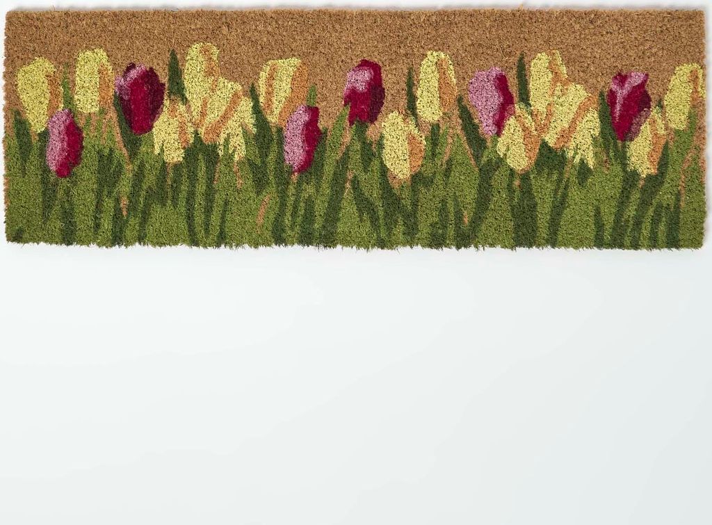 HOMESCAPES Rutschfeste Kokos-Fußmatte mit Tulpen-Motiv, 25 x 75 cm