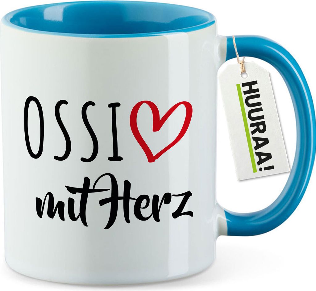 Huuraa Kaffeetasse Ossi mit Herz 330ml Blau Keramik Kaffeebecher Geschenkidee