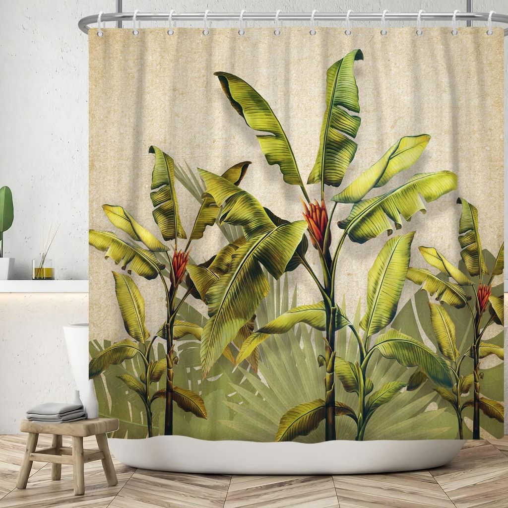 Duschvorhang mit Blattmotiv 180x200 cm, Vintage-Tropengrün mit Bananen- und Palmenblättern, waschbar, Polyestergewebe, wasserdicht, geeignet für...