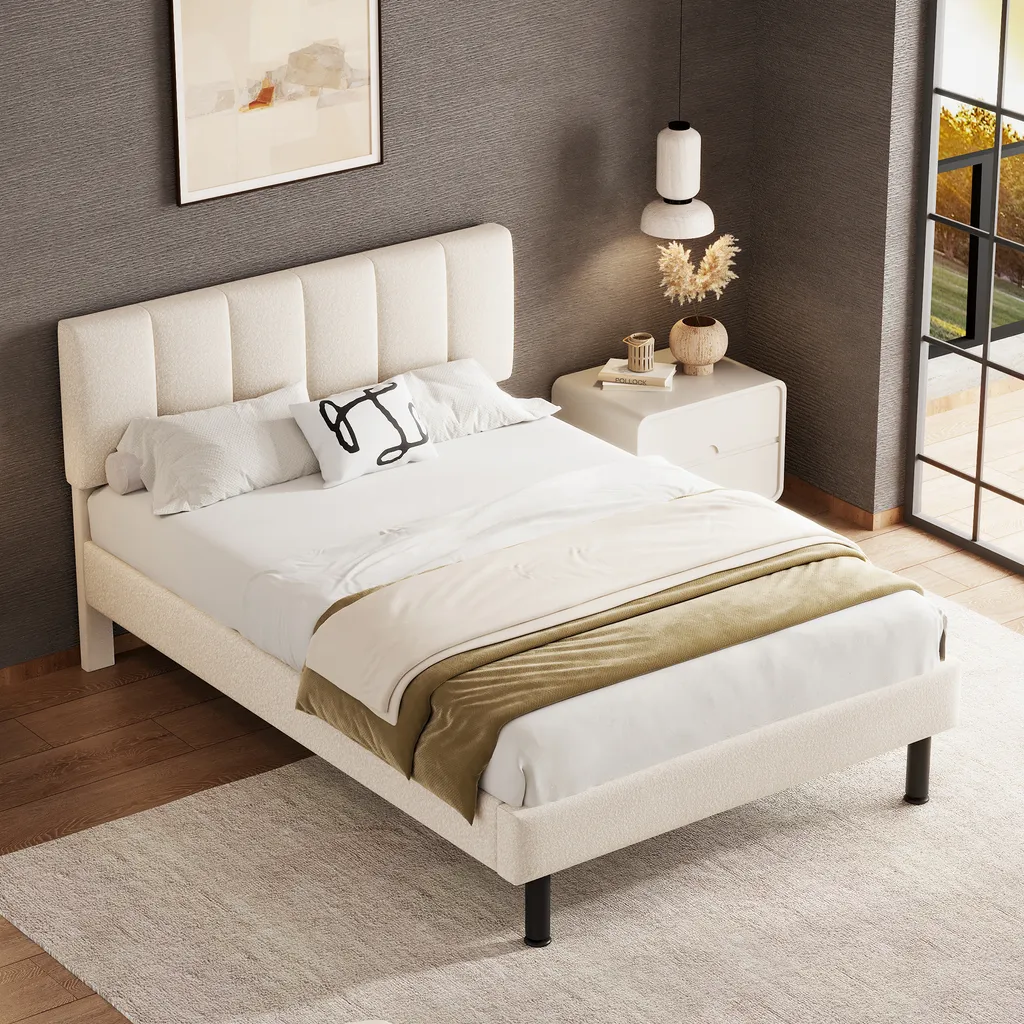 Lit double 140x190 cm en bois et sherpa beige avec sommier à lattes