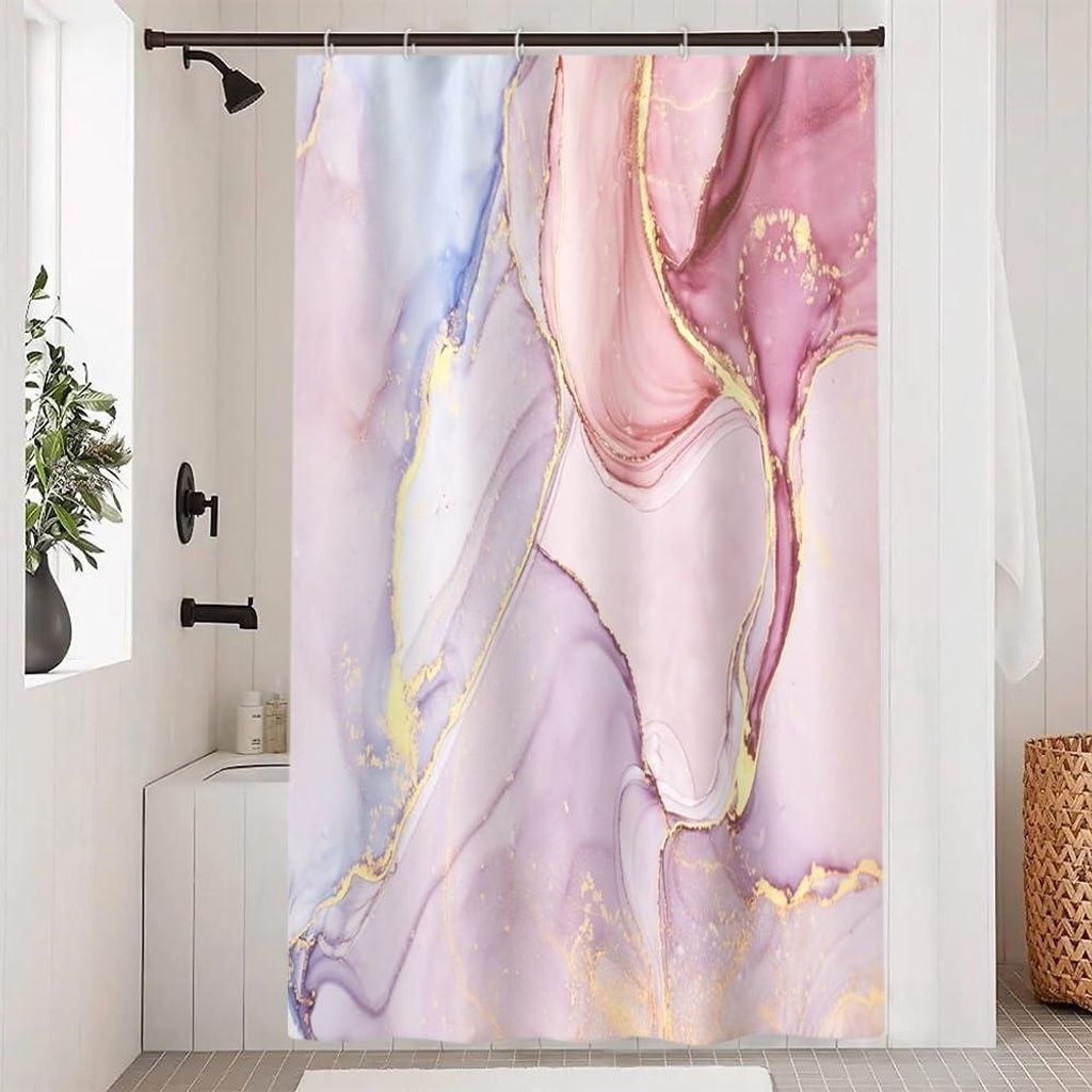 Rosa Duschvorhang, 120 x 180 cm, schimmelresistent, Marmoroptik, lavendelfarben marmoriert, modern, waschbar, wasserdicht, aus Polyester, mit 8 Hak...