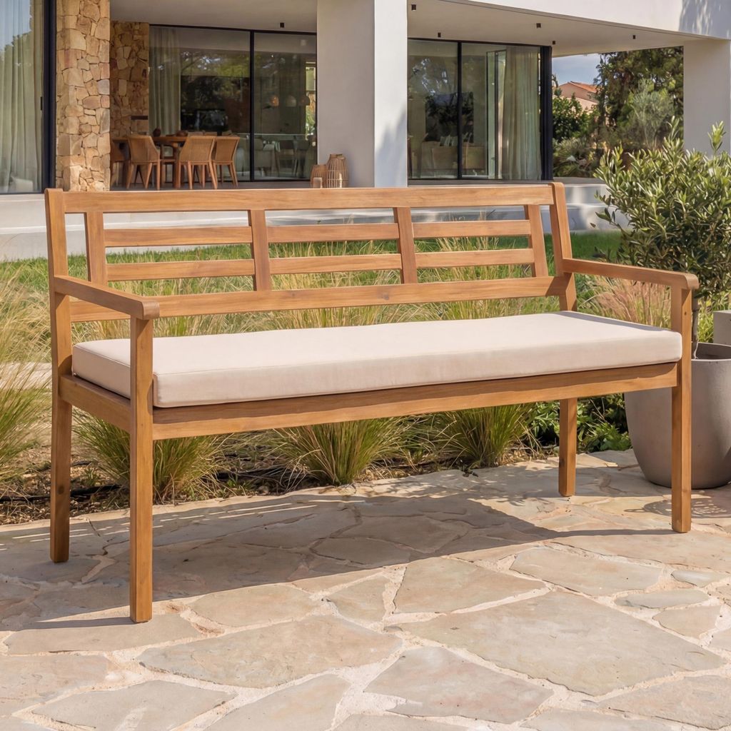 Gartenbank MCW-N47, Sitzbank Parkbank Holzbank, Massiv-Holz Akazie MVG- Kissen creme-beige