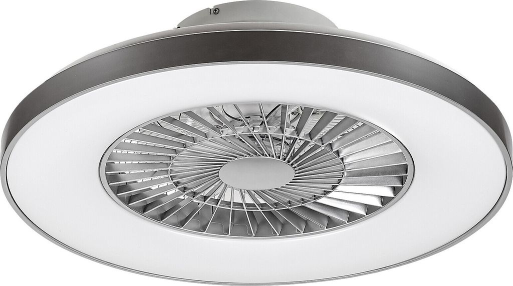 A close-up, studio shot of a modern ceiling light with an integrated fan.