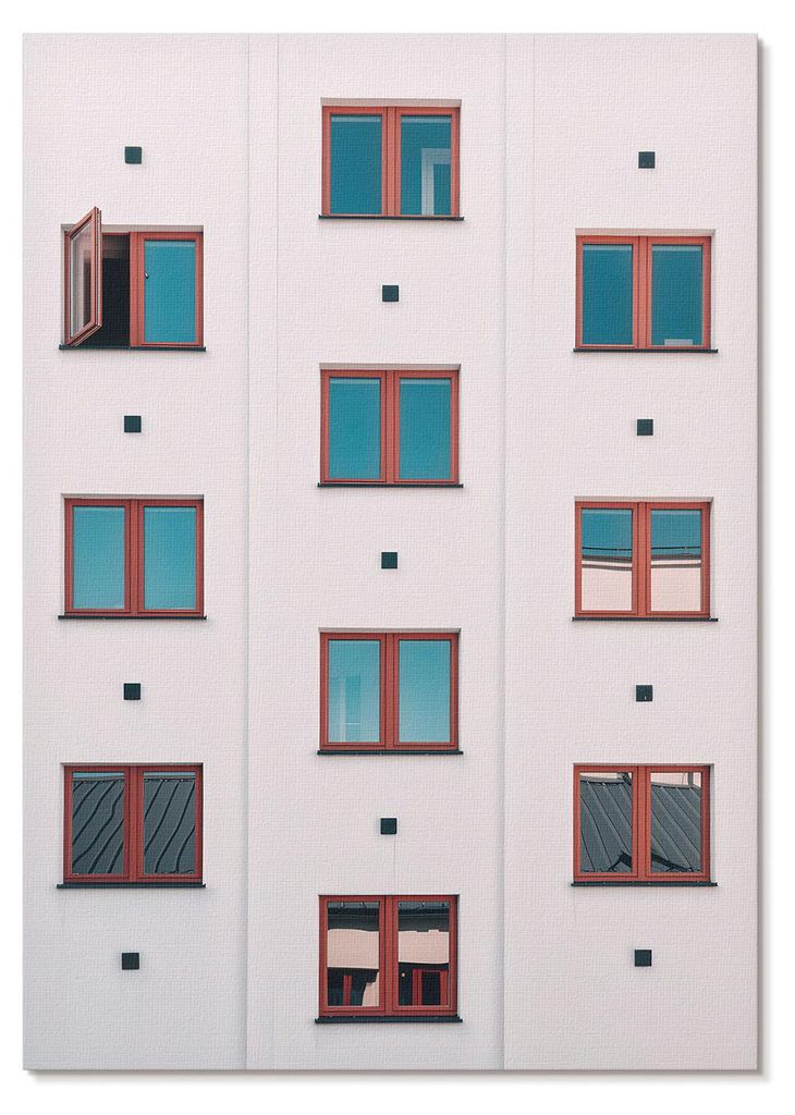 POSTER - 29x42 cm (A3) - Leona - Orangefarbene Rahmen, blaue Fenster, weiße Fassade - Wandbild für Wohnzimmer Schlafzimmer & Flur, Modernes Poste...
