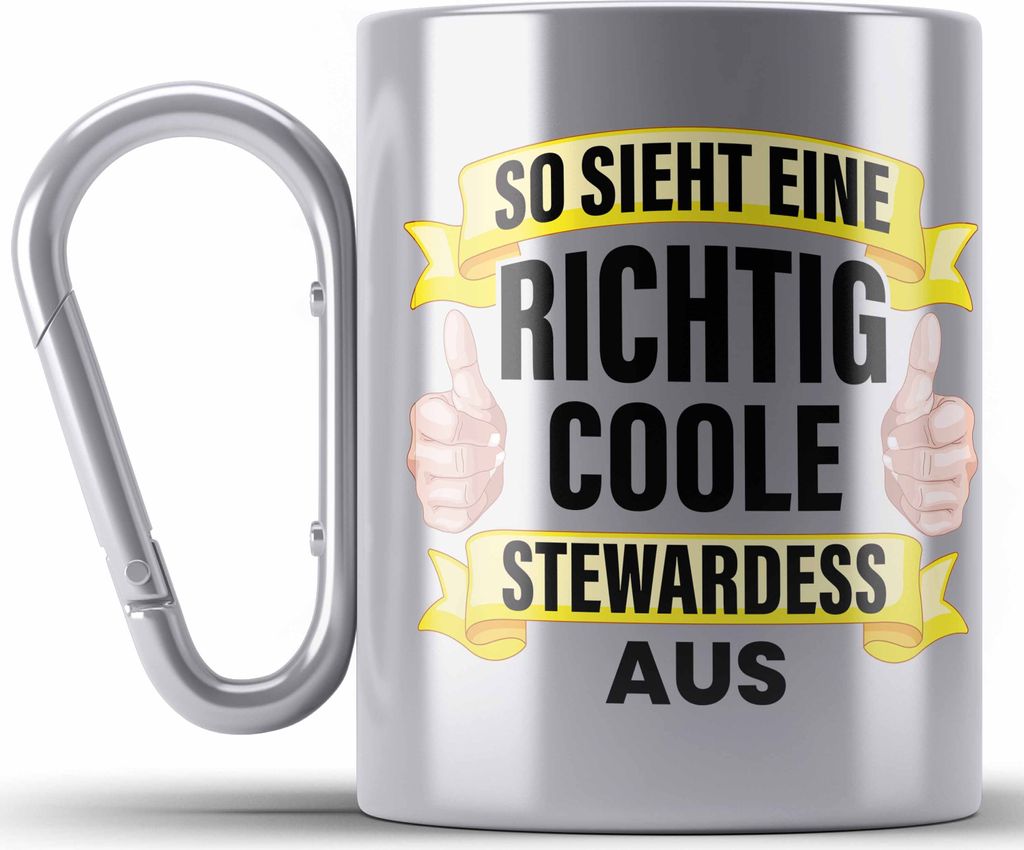 Trendation - Stewardess Edelstahl Tasse Karabiner Geschenk für Stewardessin Lustiger Spruch Karabiner Edelstahl Tasse Karabiner Edelstahl Lustig F...