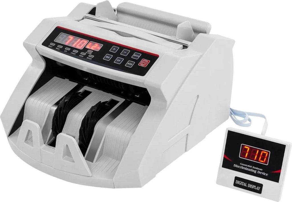 Geldzählmaschine - Banknotenzähler - UV/MG/IR Prüffunktionen - Tragbar - LED-Display - Stauverhinderung - Bis 999 Scheine - Weiß
