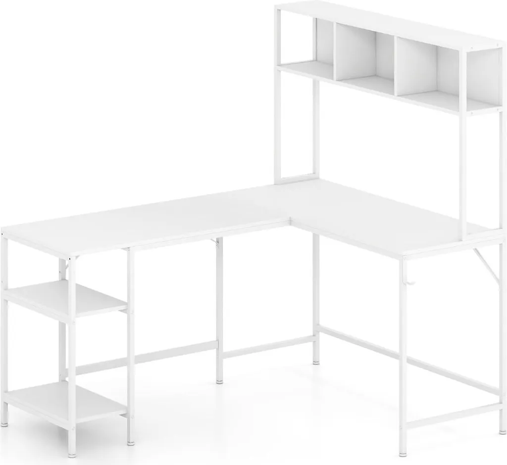 Bureau de télétravail en L blanc avec rangements pour petits espaces bureau