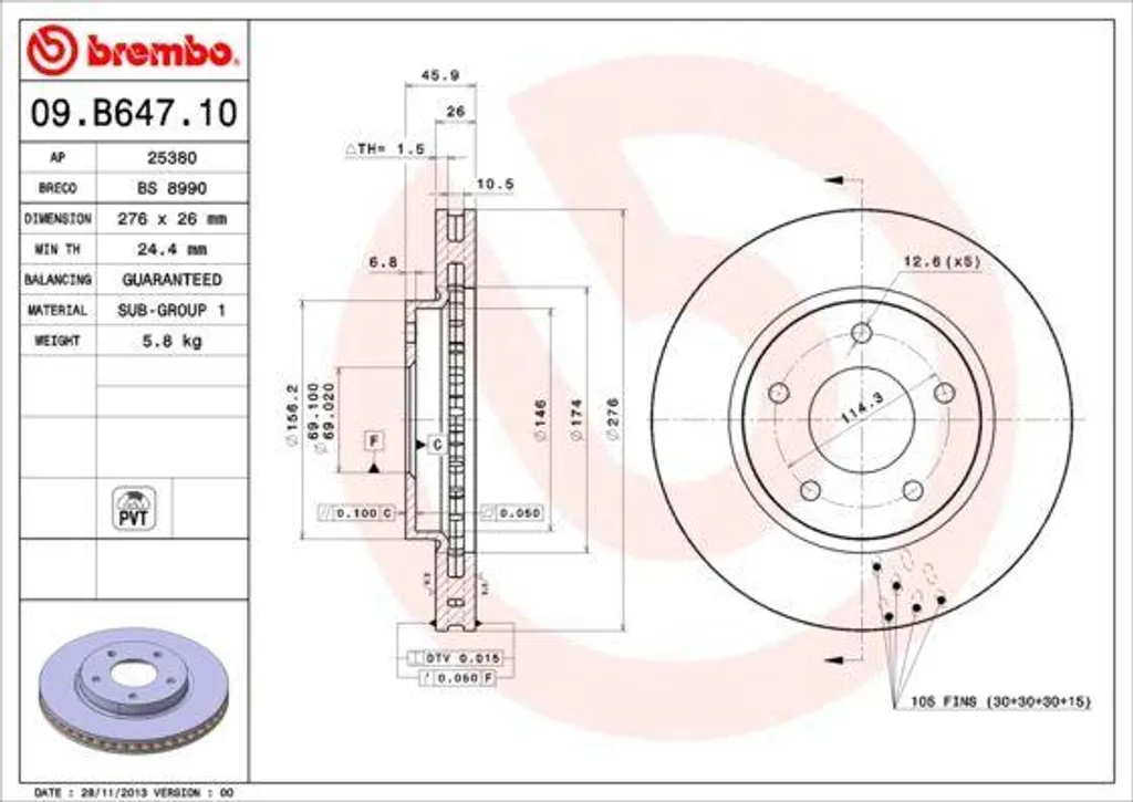 Disque de frein avant ventilé BREMBO pour Mitsubishi Lancer - OE 4615A115