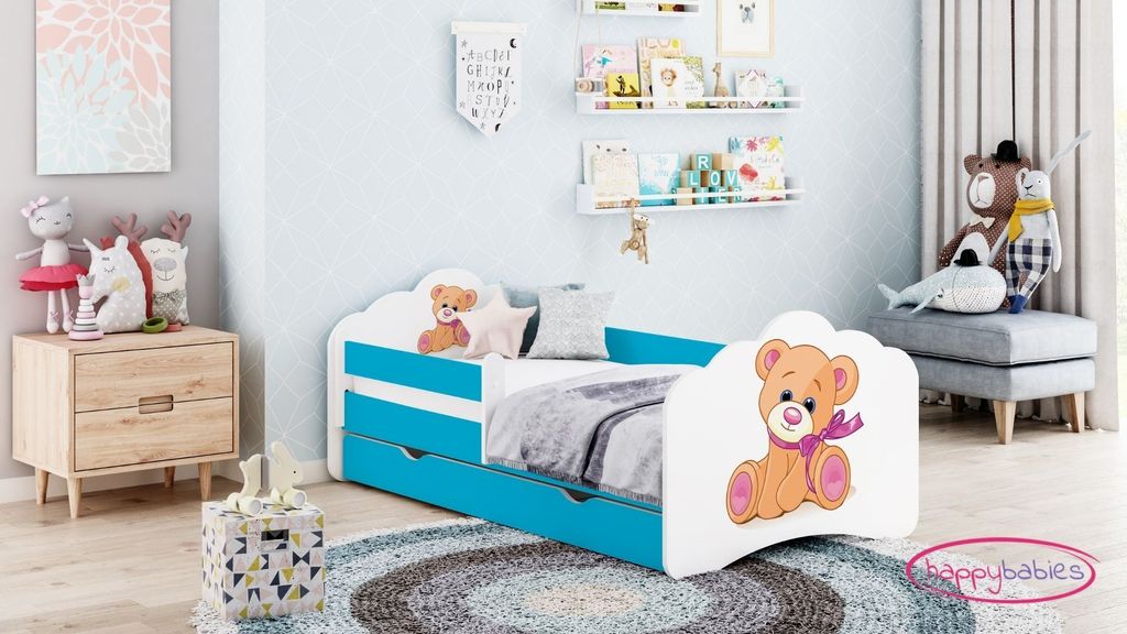 Happy Babies Kinderbett - Mit Matratze & Schublade und Rausfallschutz, 80x160, Mädchen Kinderbetten & Jugendbett Jungen Kids Bed