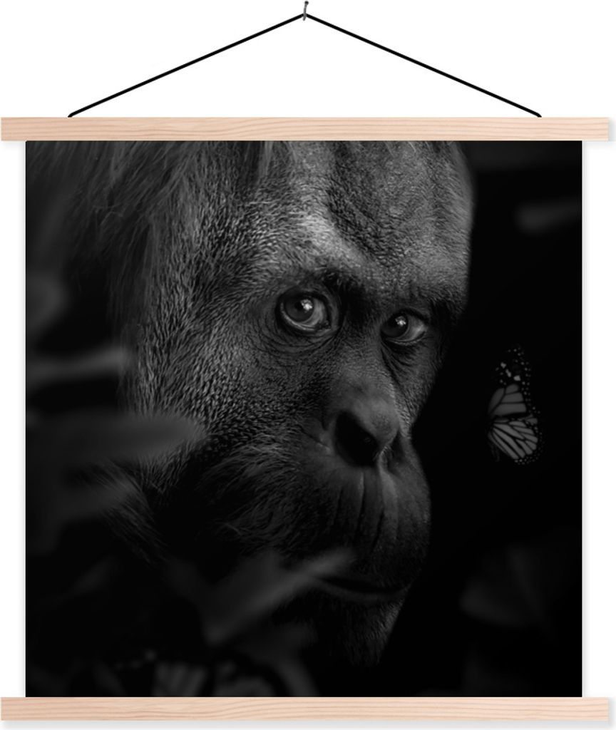 MuchoWow Textilposter Schmetterling - Affe - Pflanzen - Schwarz - Weiß 60x60 cm mit holzfarbenen Rahmen - Wanddekoration
