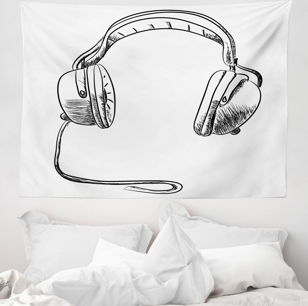 ABAKUHAUS Musik Wandteppich, Flüchtige DJ-Kopfhörer aus Weiches Mikrofaser Stoff Waschbar ohne Verblassen Digitaldruck, 150 x 110 cm, Weiß Schwarz