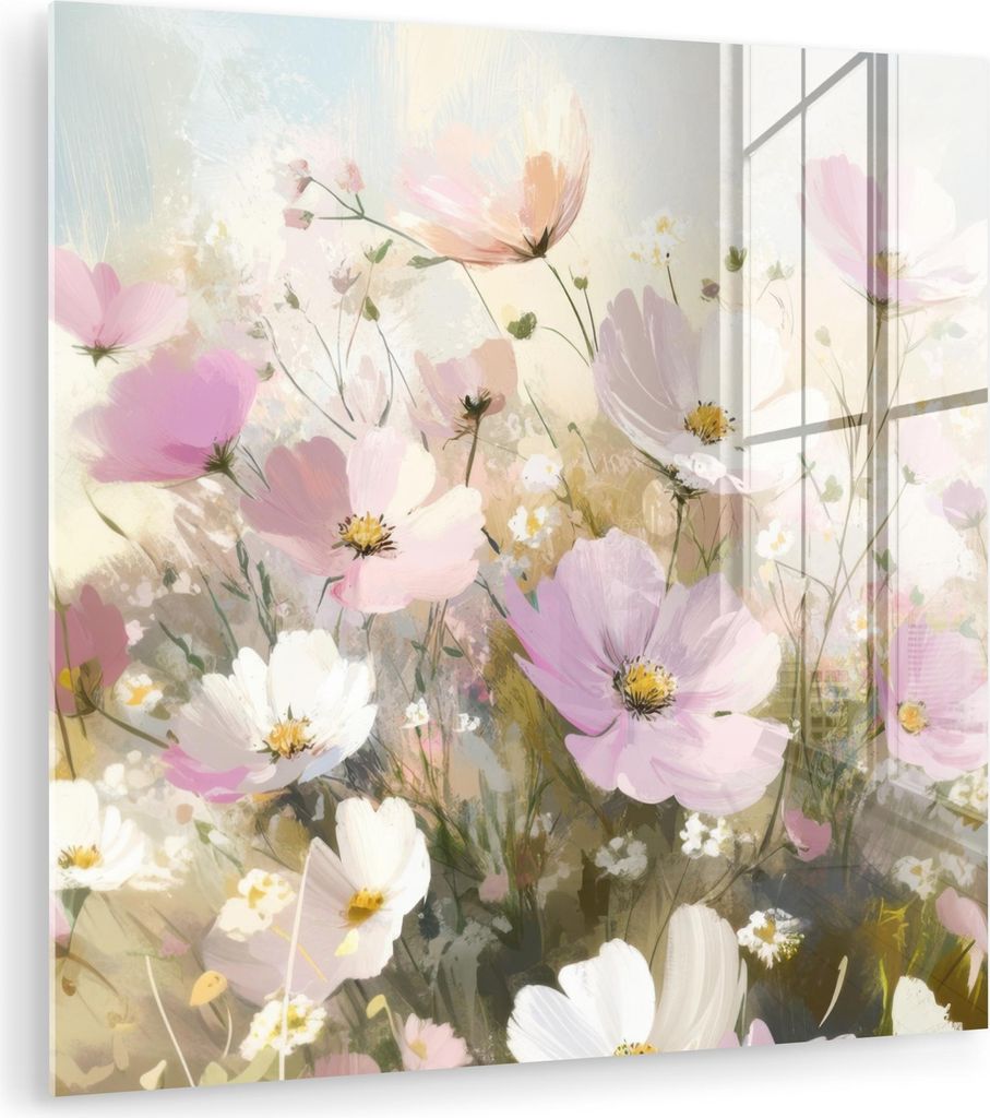 MuchoWow Glasbilder - Bilder auf Wandbild - Foto auf Glas Blumenfeld - Helle Farbtöne - Gemalt 20x20 cm Wanddekoration aus Glas - Acrylglasbild - ...