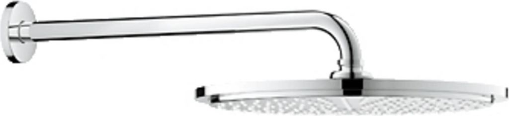 A chrome shower head mounted on a wall.