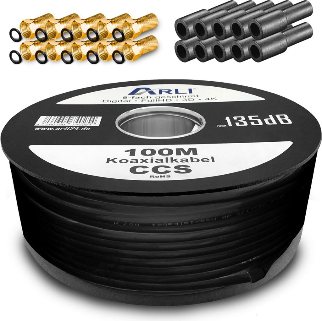 100m ARLI Koaxialkabel Schwarz – max. 135 dB 5-fach geschirmt UV-beständig + 10x F-Stecker vergoldet & 10x Gummitüllen für DVB-S DVB-T2 4K HDTV