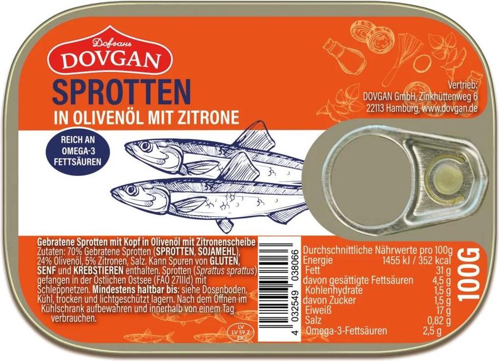 DOVGAN Sprotten in Olivenöl mit Zitrone 100g Produktbild 