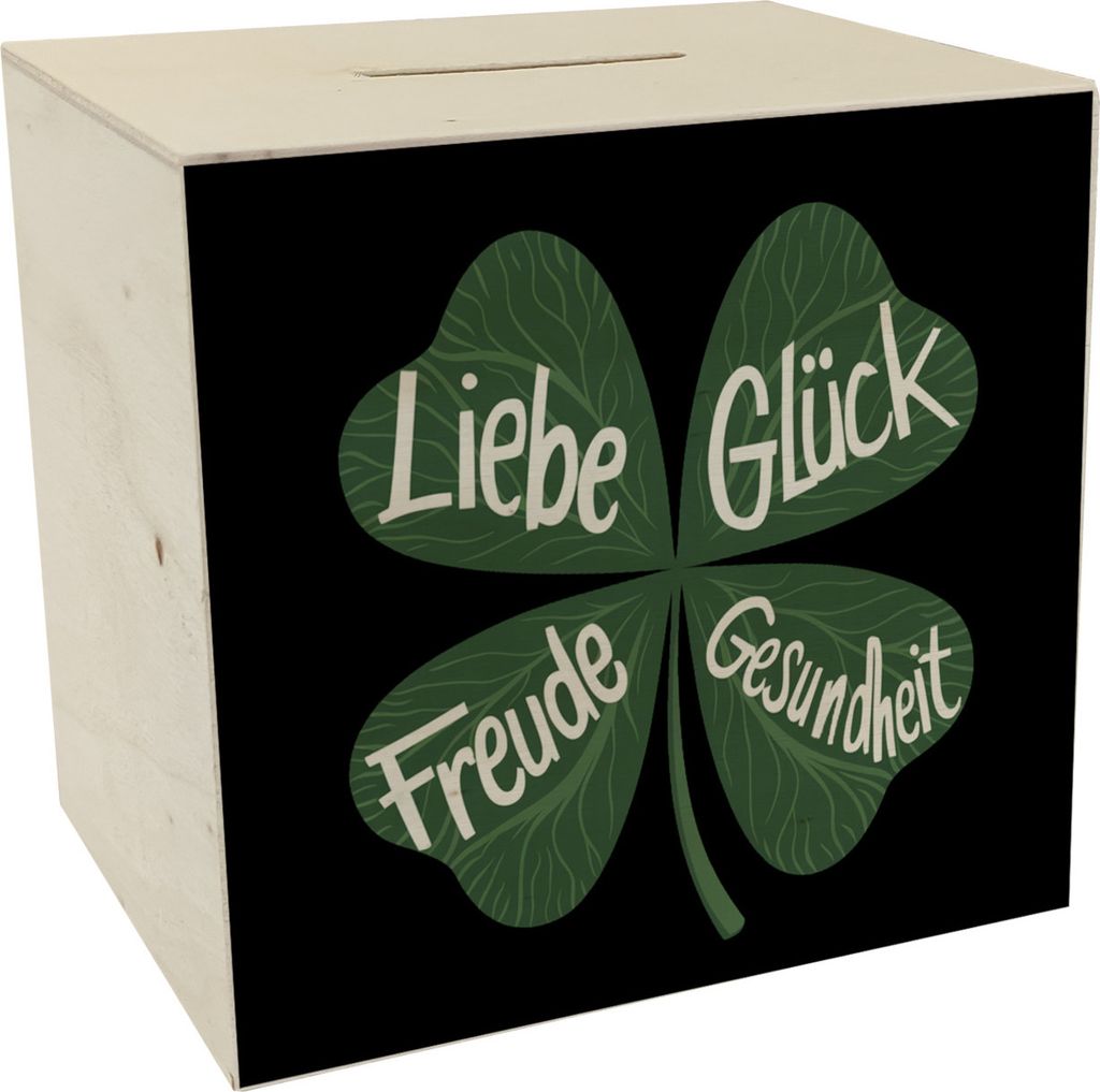 Kleeblatt Spardose aus Holz mit guten Wünschen