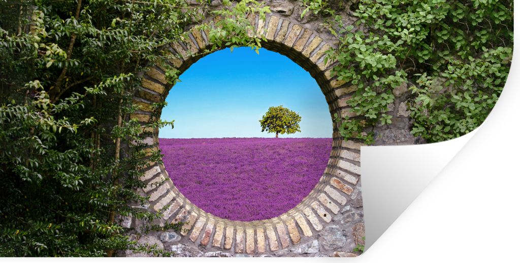 MuchoWow Wandtattoo Wandsticker Wandaufkleber Lavendel - Ausblick - Blumen - Sommer 40x20 cm Selbstklebend und Repositionierbar - Aufkleber