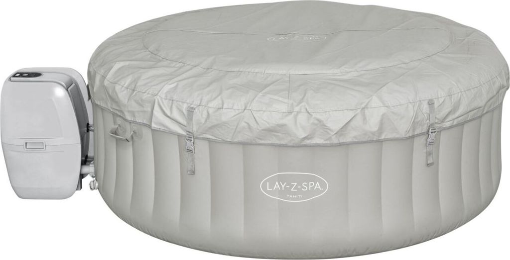 A light gray inflatable hot tub with a cover and a white control unit attached to the side, isolated on a white background.