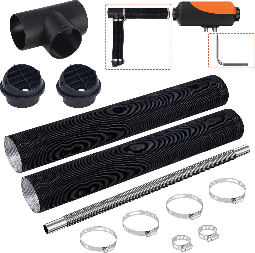 A collection of parts for a diesel heater system, including hoses, vents, and a T-piece.