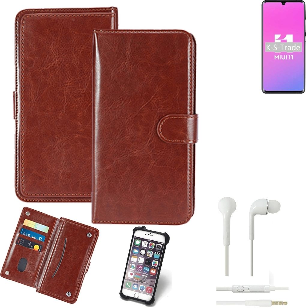 K-S-Trade 360° Hülle kompatibel mit Xiaomi Mi Note 10 Pro inkl. Headphones braun Kunstleder Case BookCase WalletCase Kunstlederederhülle