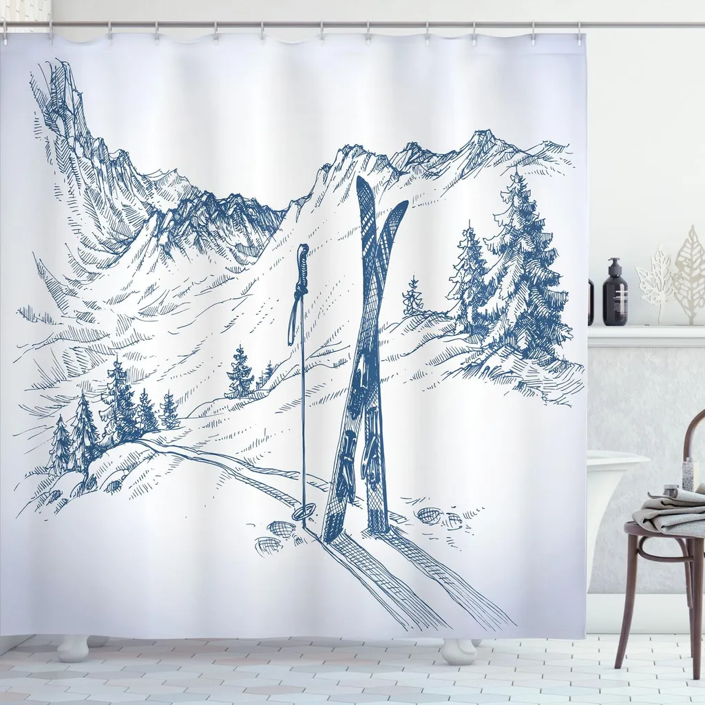 Rideau de douche textile extra long 240 cm décor montagne et neige