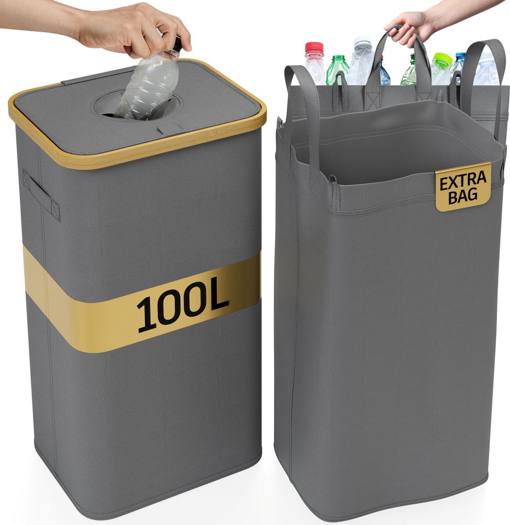100L Pfandflaschen Sammelbehälter, Flaschensammler mit Tragetasche, Pfandflaschen Aufbewahrung mit Loch, Recycling Behälter - Deco Haus grau