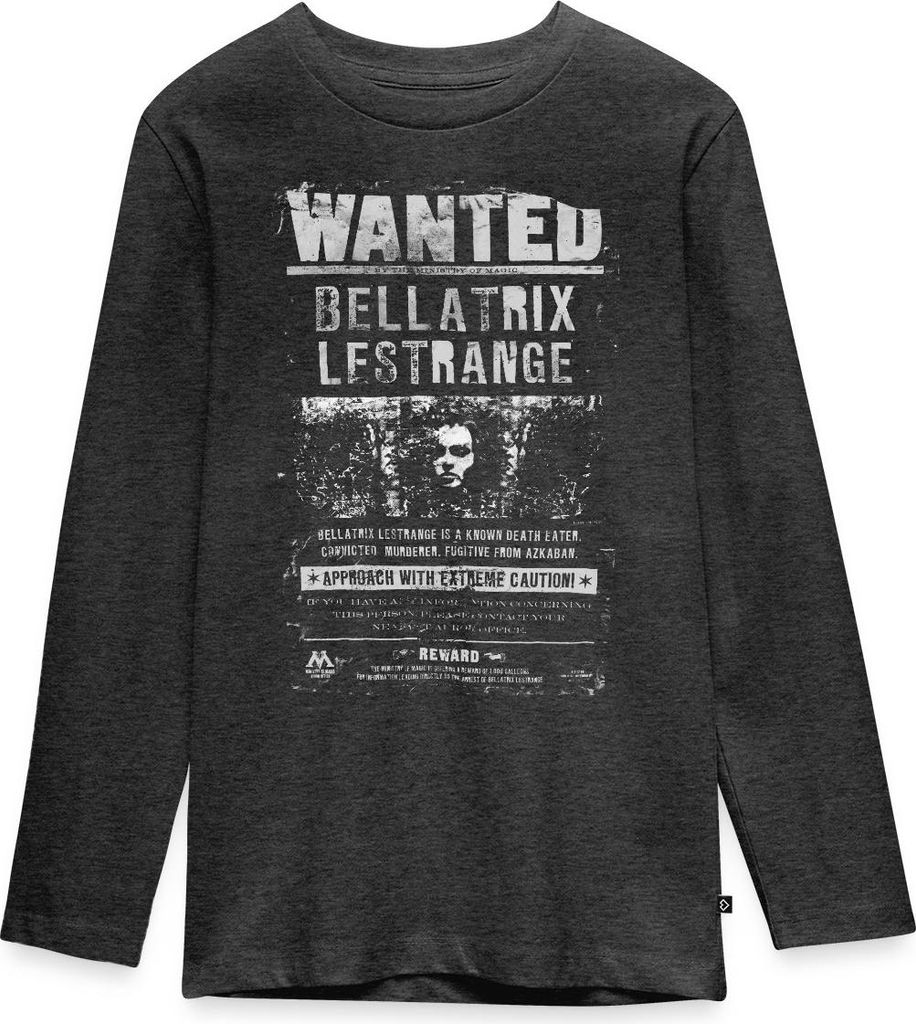 Spreadshirt Harry Potter Bellatrix Lestrange Wanted Poster Teenager Premium Langarmshirt, 146/152 (10 Jahre), Anthrazit meliert