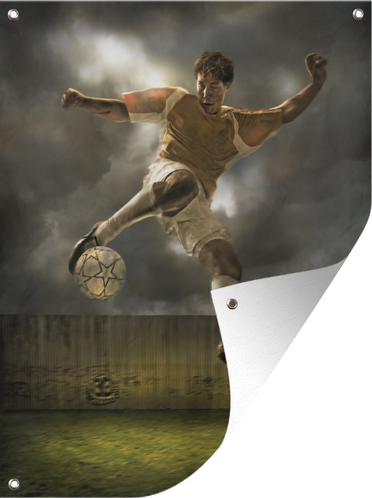 MuchoWow 60x80 cm Outdoor-Poster Gartendeko Sichtschutz Garten Poster für den Garten Eine Illustration eines Fußballspielers, der den Ball sch...