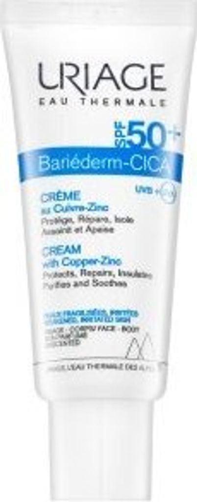 A white tube of Uriage Bariederm-CICA cream with SPF 50+.